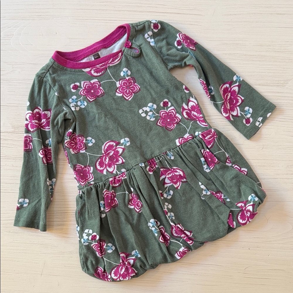 Tea Collection Green Dress with Pink Floral Pattern